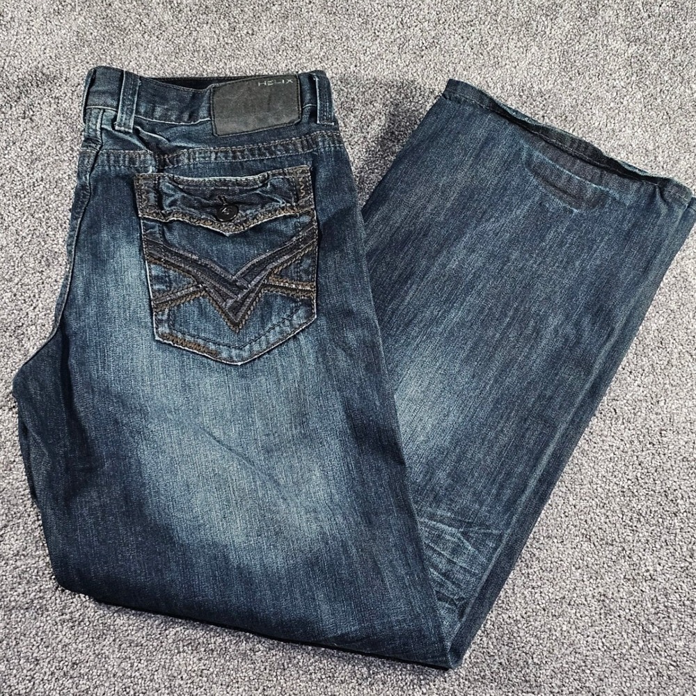 Helix LooseStraight Jeans Mens 36x32 Y2K Embroidered Pockets 3Dwhiskers baggy